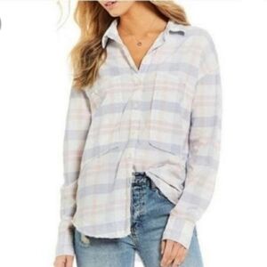 Free People Loveland pink plaid oversized pocket button down raw hem